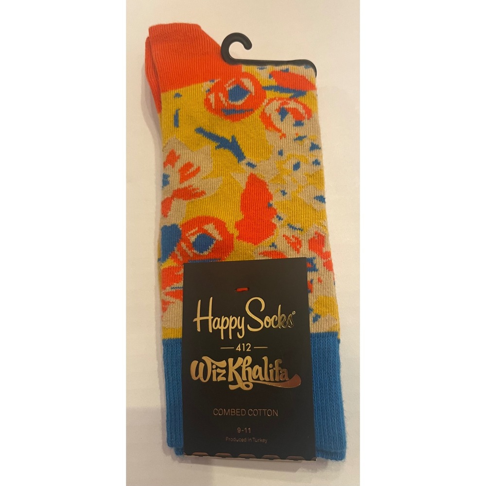 Happy Socks Wiz Khalifa Floral Crew Socks Yellow Orange Blue Unisex Sock Sz 9-11
